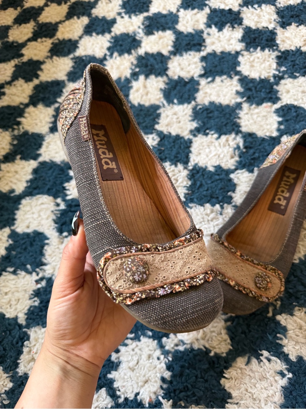 Mudd Women's Gray Canvas Slip-On Flats with Beige Embellished Strap